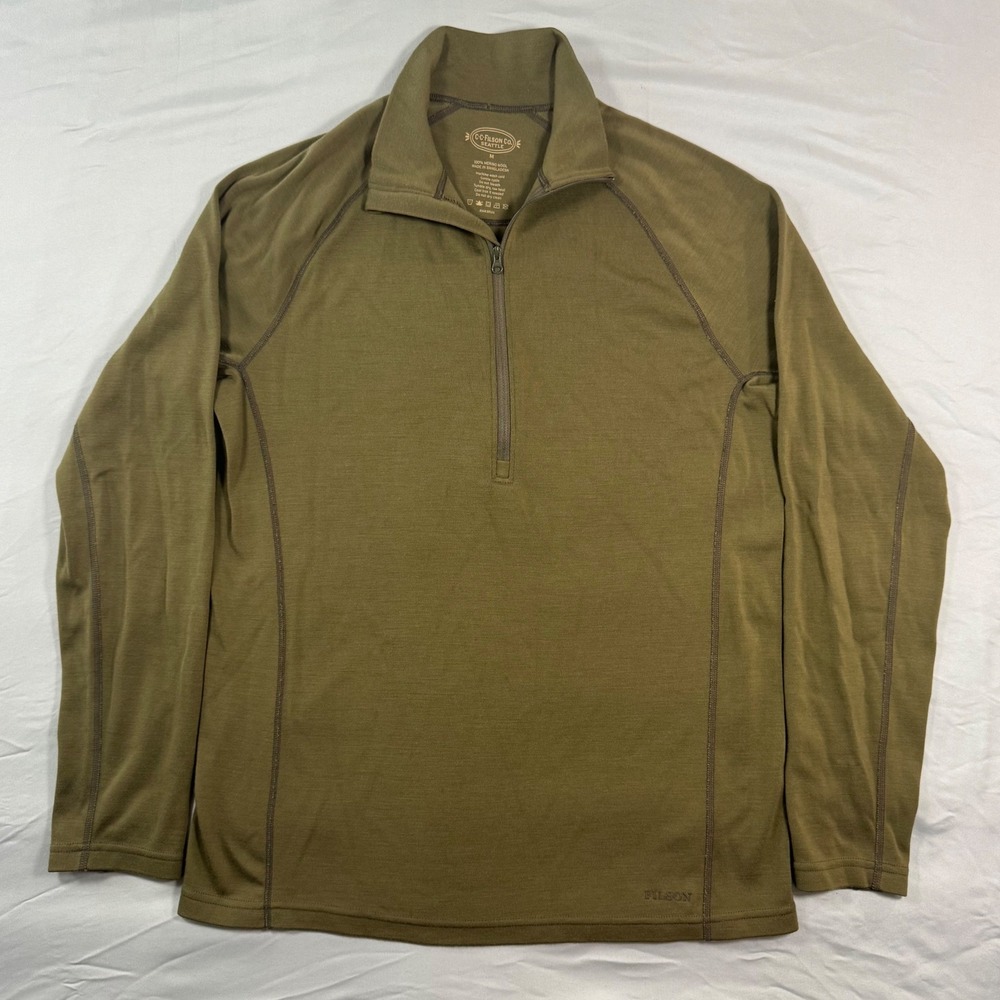 C.C. Filson 1/4 Zip Terry Sweatshirt Pullover Mens M 100% Merino Wool Dark Olive